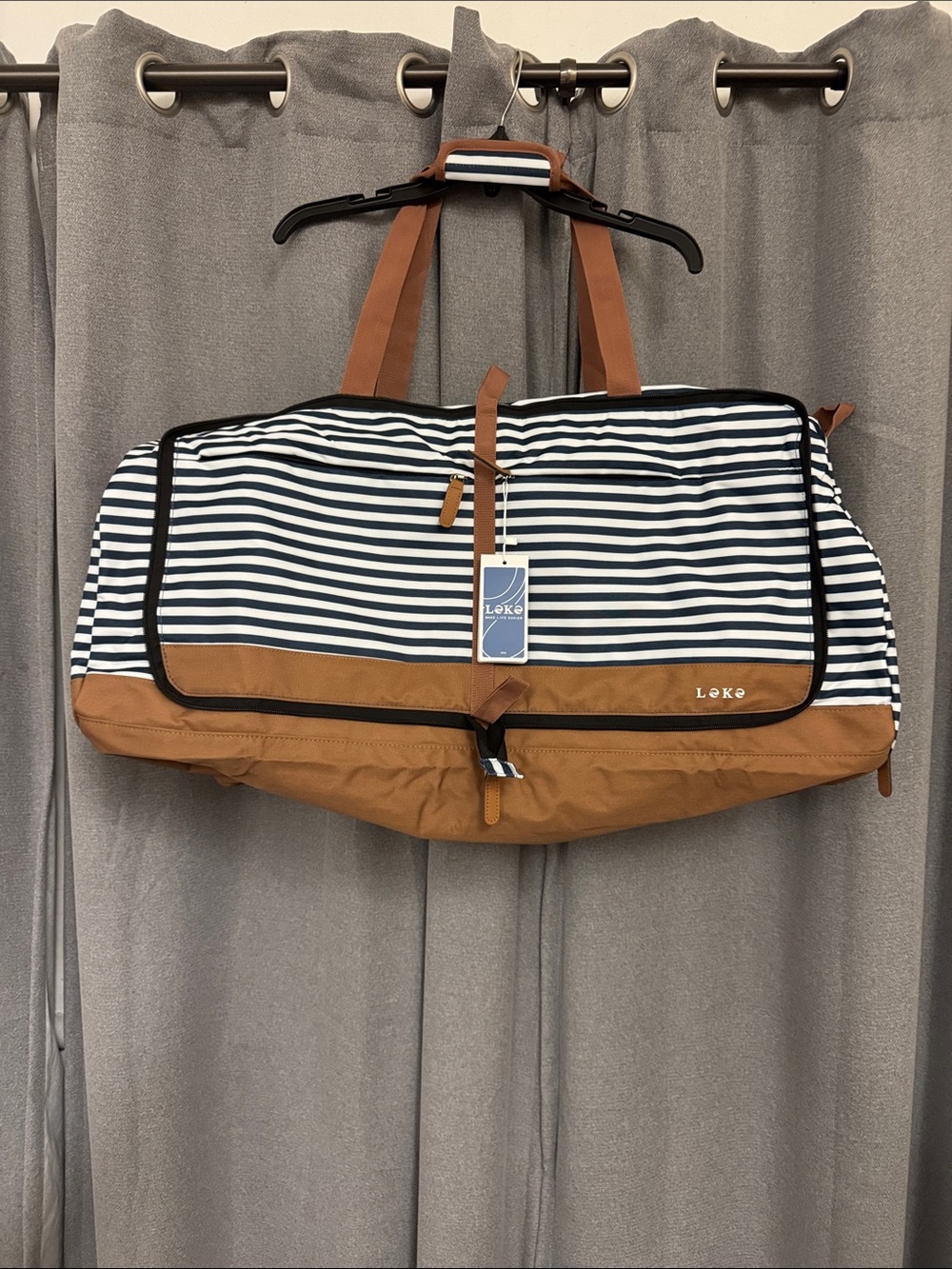 LEKE Striped Navy & Tan Travel Duffel Bag